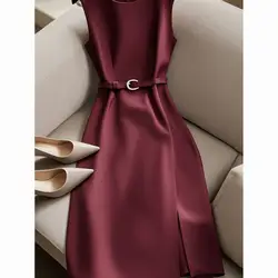 Elegant Women's Formal Dress With Belt Summer New Fashion Solid Color O-Neck Sleeveless High Waist OL Midi Party Vestidos