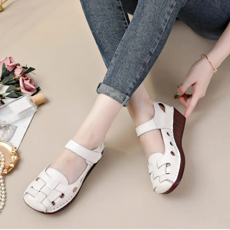 

2025 Genuine Leather Shoes Sandals for Womens Summer Breathable Ladies Mom Sandals Wedge Gladiator Shoes