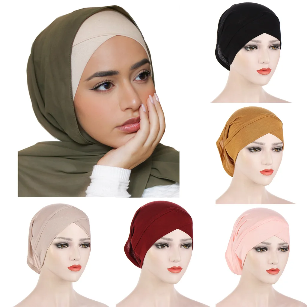 

Solid Color Frontal Cross Women Muslim Hijab Caps Wrap Head Soft Elastic Turban Bonnet Chemo Cap Fashion Headdress Wearable