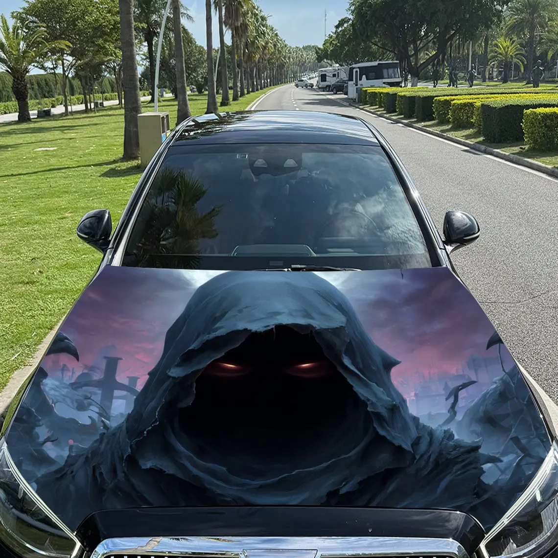 Purple - Land Red - Eyed Grim Reaper Pattern car hood stickers, waterproof self-adhesive, scratch resistant, easy to stick, dura