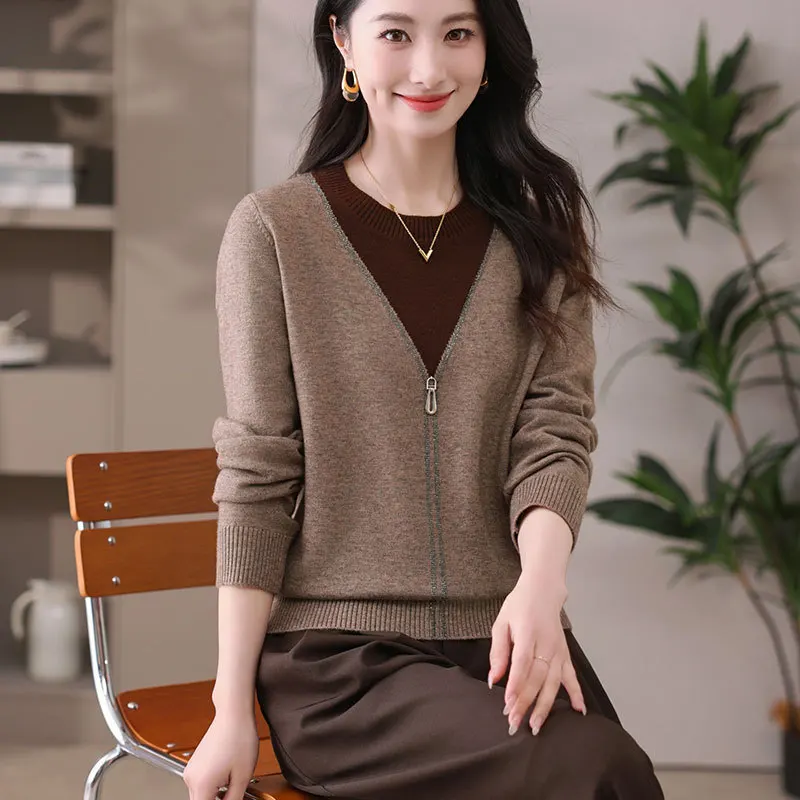 Colorblock Round Neck Knitted Long-sleeved Women's Sweater Spring Autumn New Fashion Versatile Bottoming Shirt Trendy