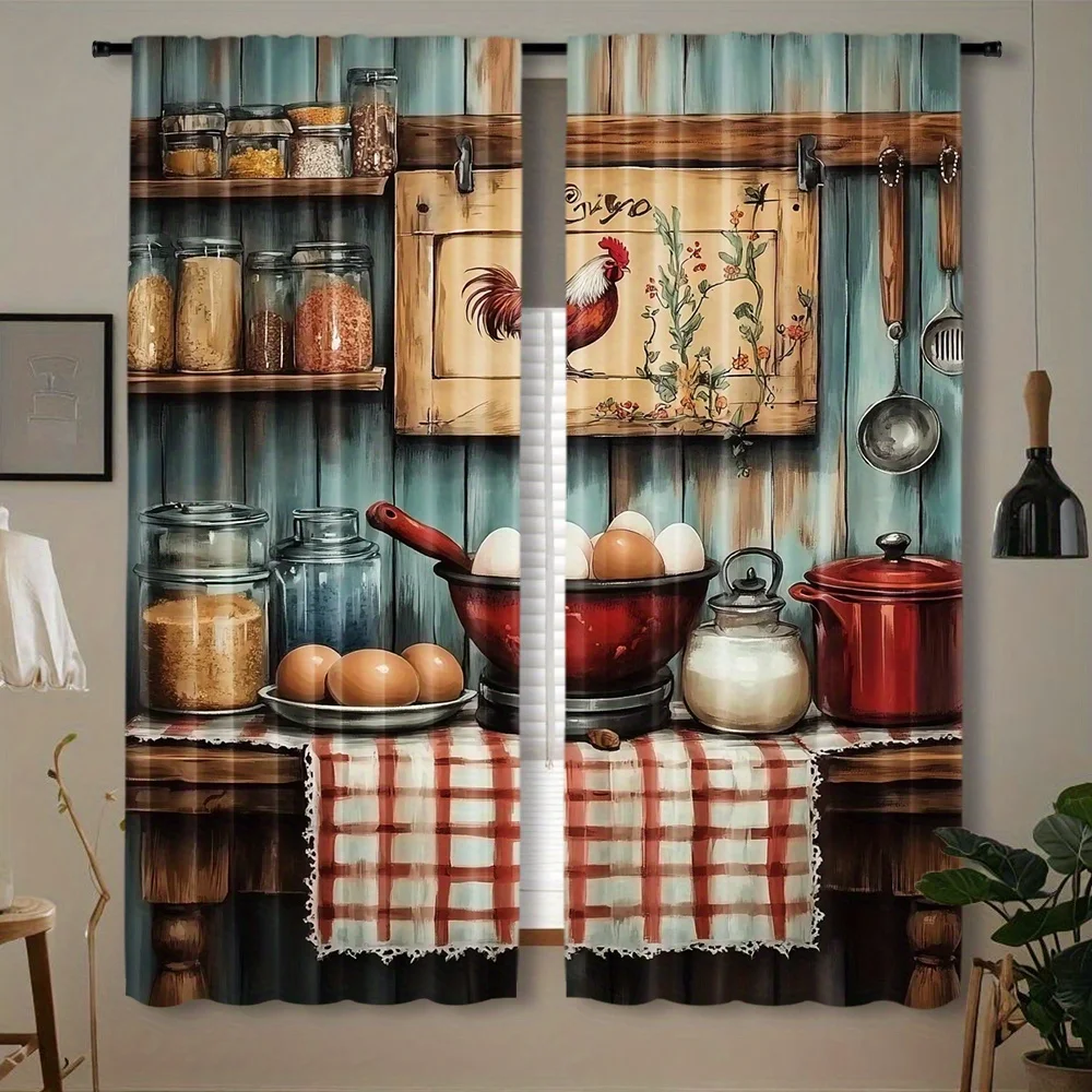 Rustic Farm Kitchen Theme Curtain 2 Panels Blue Wood Base Cookware Egg Jar Rooster Plaid Print Window Curtain Country Home Decor
