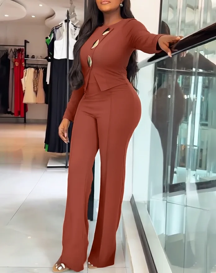 

2025 элегантный новый комбинезон с золотыми пуговицами и длинными рукавами, повседневный комбинезон на молнии сзади, искусственный двухсекционный комбинезон для поездок на работу