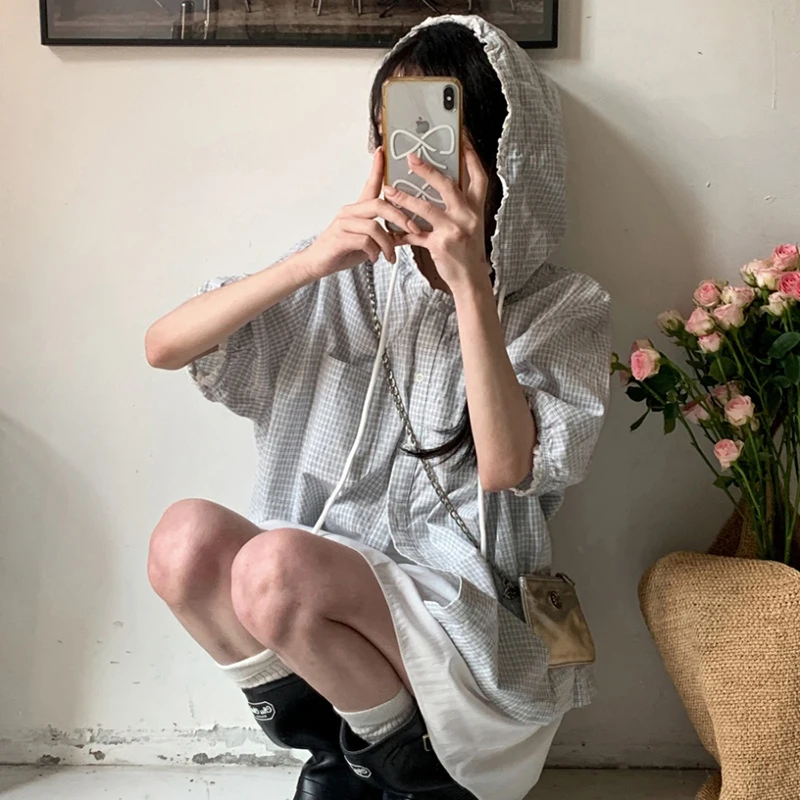 MEXZT Vintage chemises à carreaux femmes japonais Harajuku à capuche dentelle Patchwork Blouses été coréen à manches courtes hauts amples décontractés