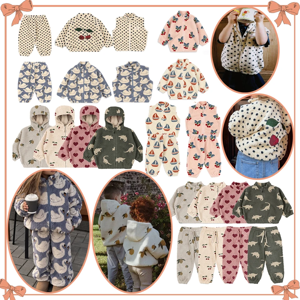 Autumn Winter 2026 KS Children LambWool Outerwear Clothes Warm Cotton Cartoon Cherry Dinosaur Print Hoodies Toddler Coat 1-9Yrs