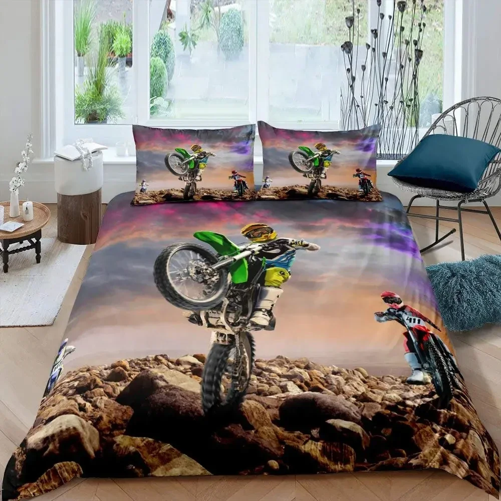 Motorbike Duvet Cover Set Twin Size Motocross Rider Bedding Set Racing Motorcycle Dirt Bike Extreme Sport Polyester Quilt Cover