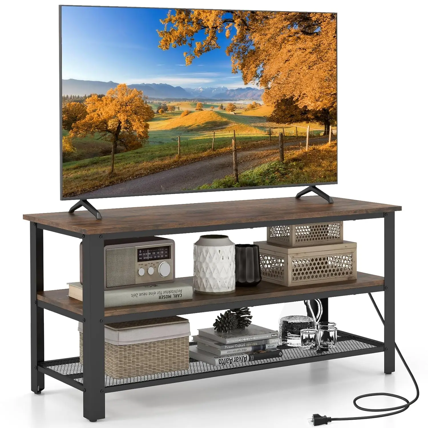 

Small TV Stand for TVs up to 50 Inch, 3-Tier TV Console Table with Power Outlets, USB Ports, Storage Shelves,, Customized