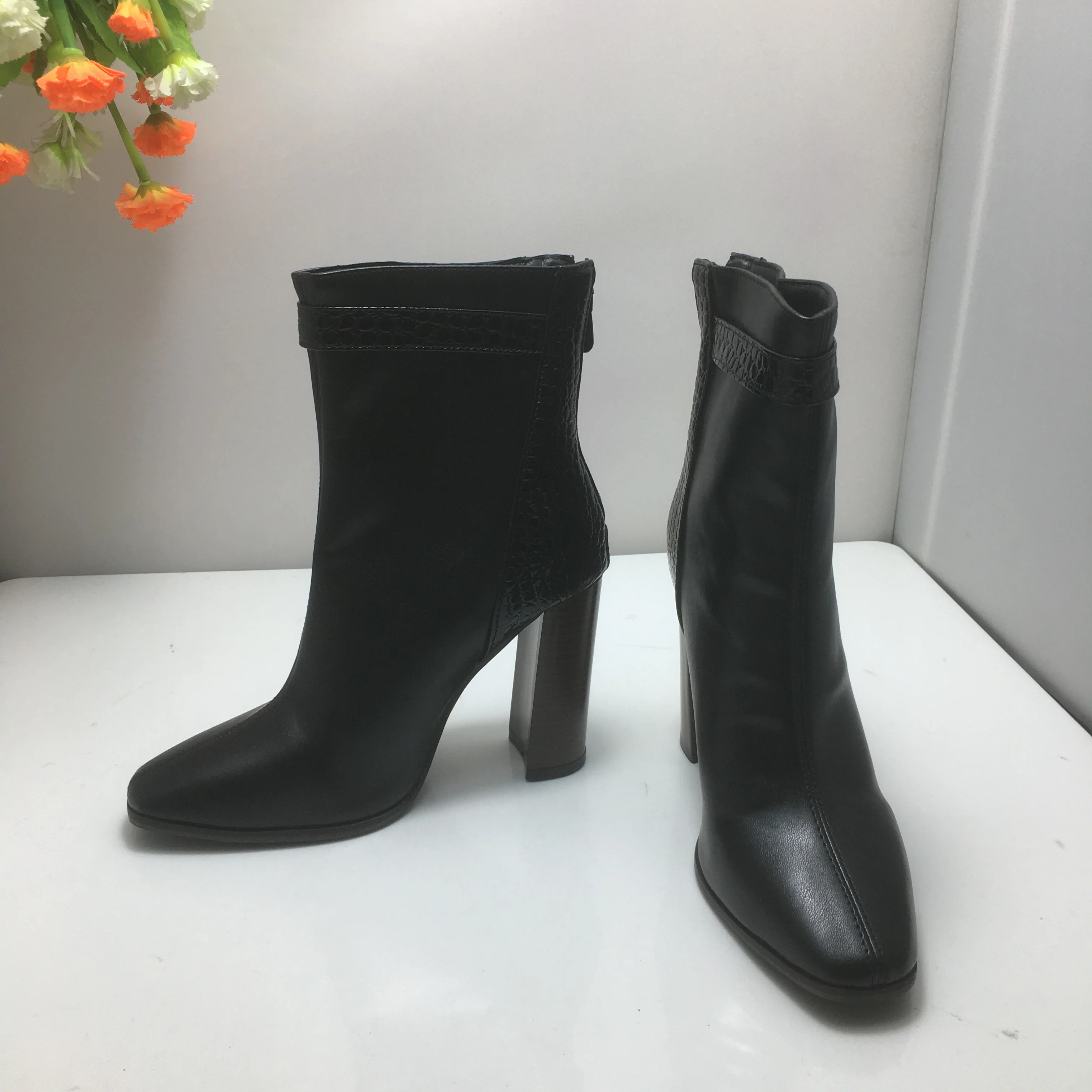 REAVE CAT Women Fashion Pointed Toe Ankle Boots 10cm Thick Heels Leather Buckle Big Size US16 45 47 49 50 White Party