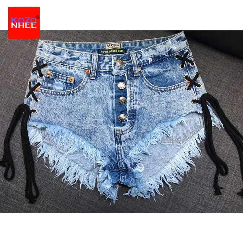 Vintage Snowflake Inelastic Women Denim Shorts With high Waist Straps Tassel Female Summer Shorts For Women\'s jeans