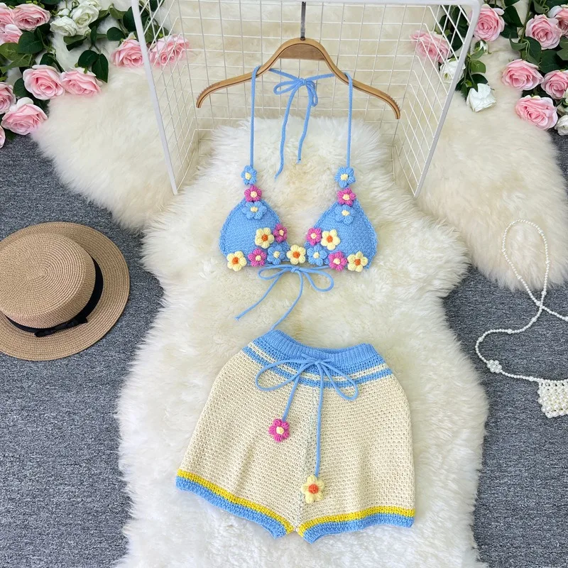 Summer Shorts Sets Women Girl Holiday Beach Bikini Knitted Crochet Flower Halter Camisole with Shorts Women Sexy Two Piece Sets