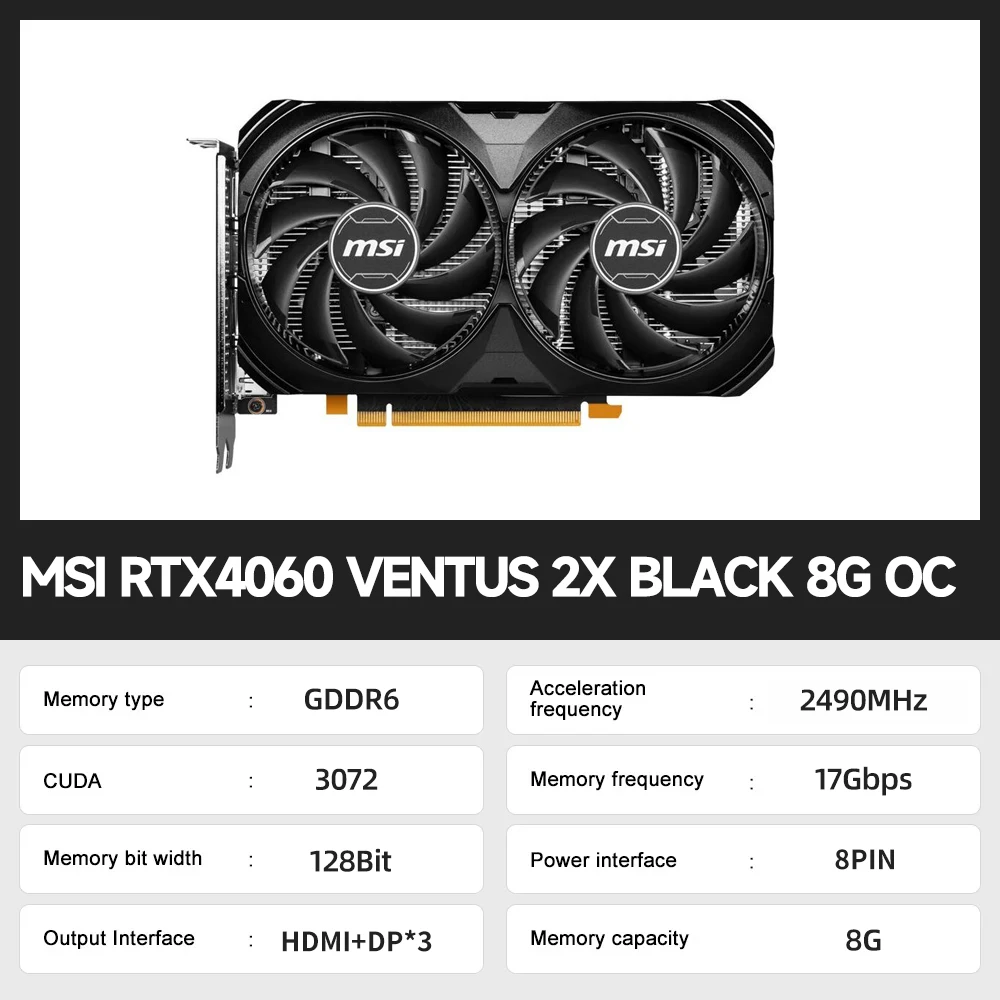 MSI RTX4060 벤투스 2X 블랙 8G OC 4060 ti 5nm GDDR6 128 비트 게임용 그래픽 카드, PCI 익스프레스 4.0x8 NVIDIA GPU 데스크탑, 신제품