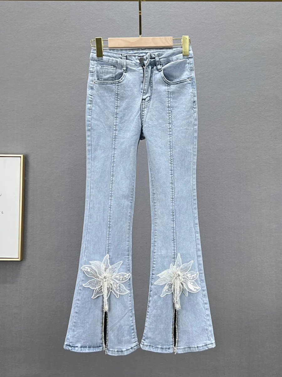 Ladies Fashion Sweet Diamond Flared Denim Pants Women's Trendy 2023 Spring Summer New High Waist Slimming Versatile Split Jeans