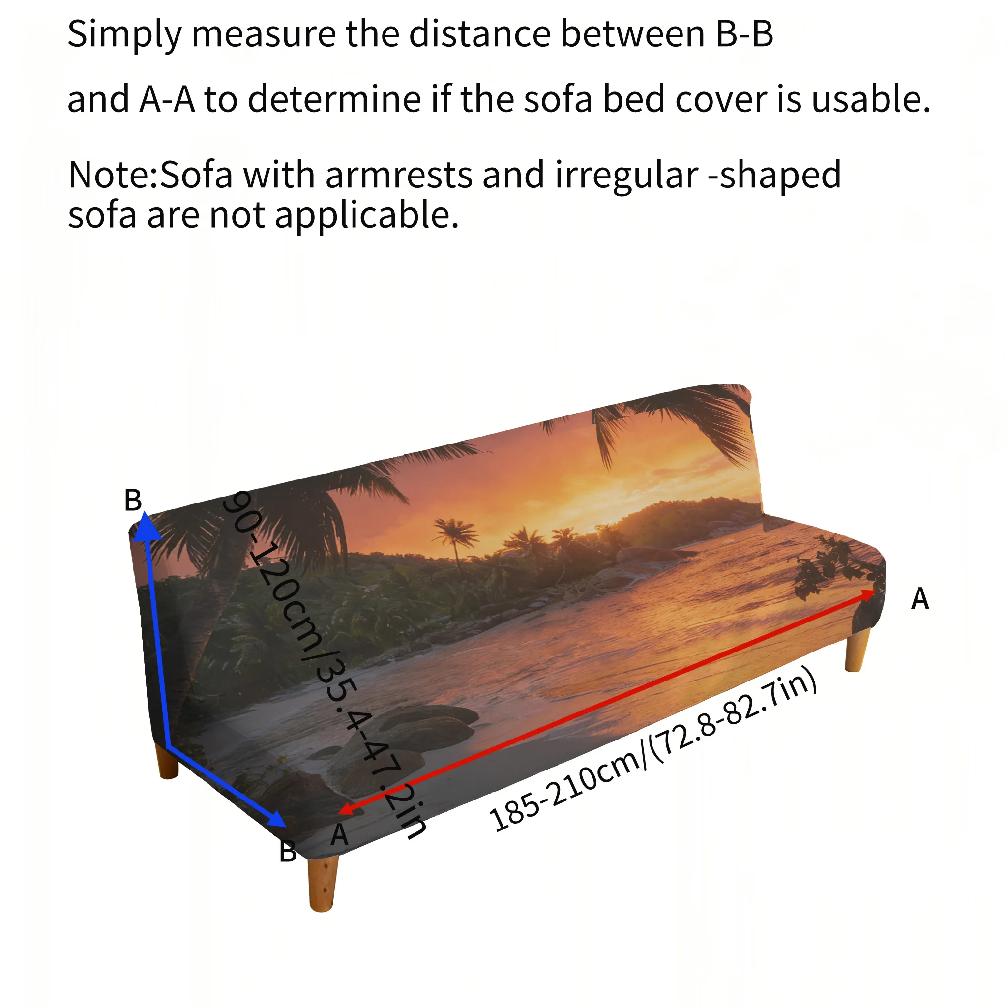 Armrest-free high-elastic sofa bed cover, ocean beach landscape print pattern, dust-proof machine-washable sofa bed cover