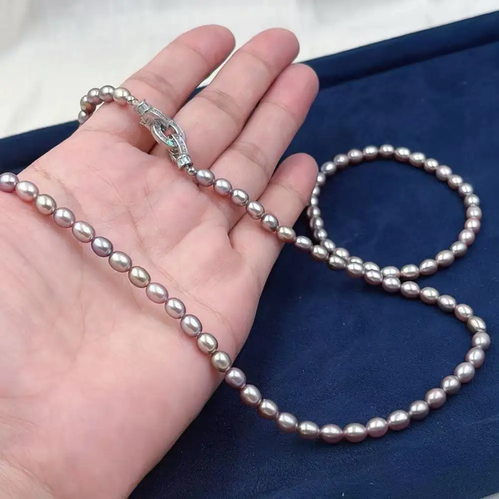 AAA  4-5mm Olivary Rice Purple Natural Freshwater Pearl Aka Jewelry Collar Necklace Elastic Bracelet Woman Jewelry Set