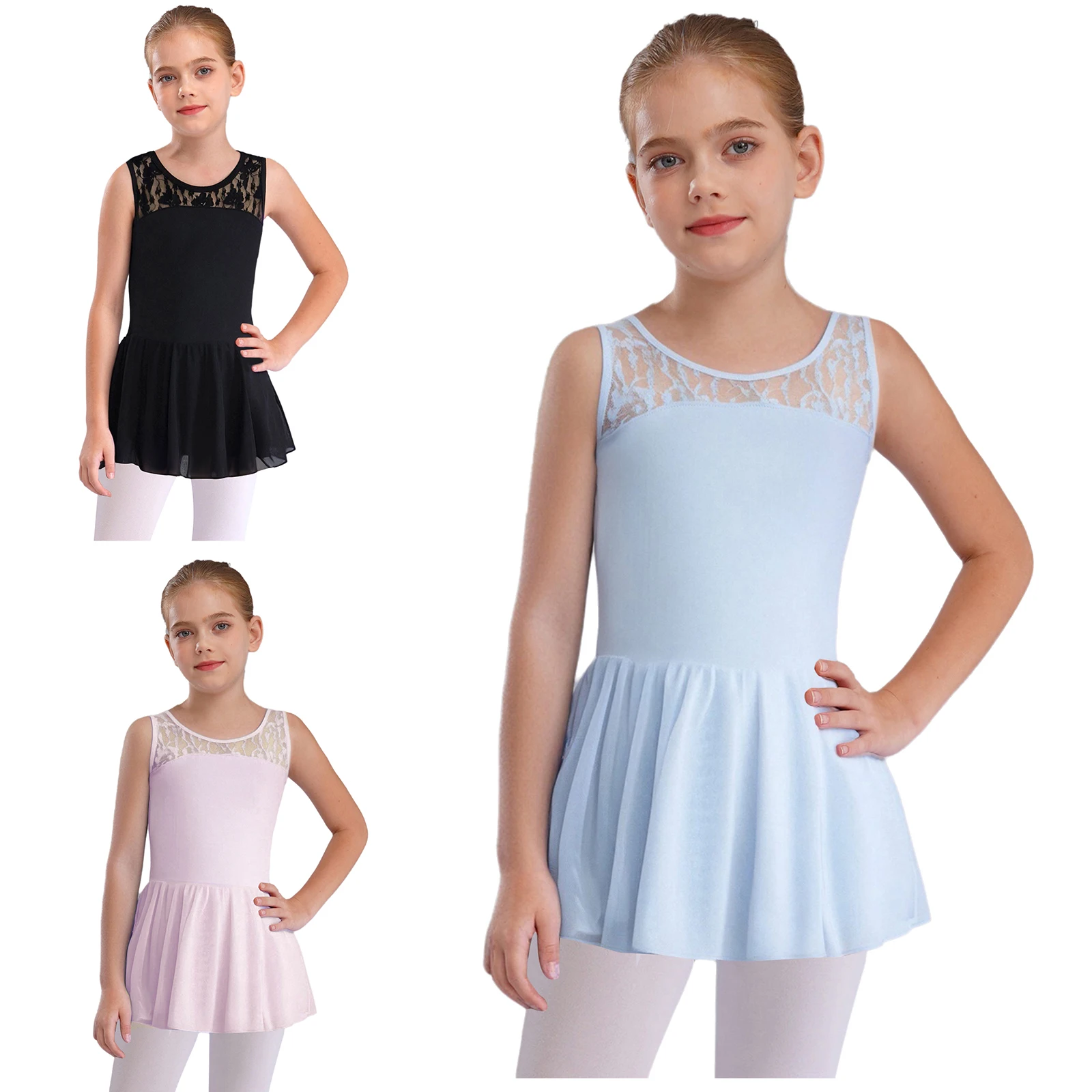 

Children Girls Sleeveless V-Back Floral Lace Ballet Dance Practice Dress Gymnastics Leotards Ballet Dresses Bodysuits Dance Wear