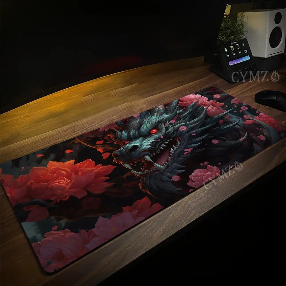 

Дизайн вишневого цвета и дракона, большой коврик для мыши, настольный коврик, нескользящий прошитый край, аксессуары для ПК, игровой коврик, офисный коврик