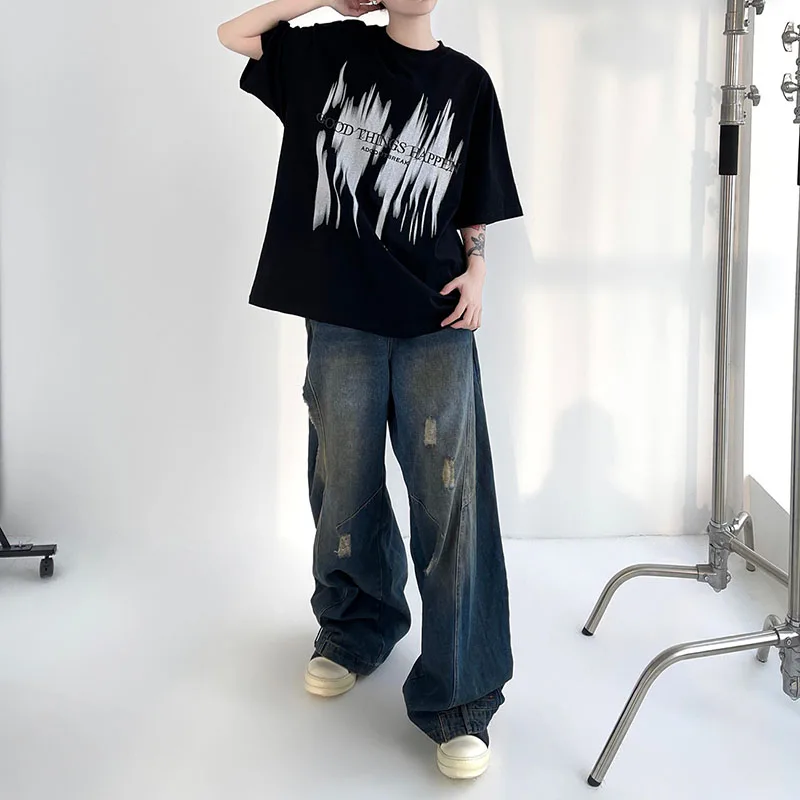 

Korean Retro Men'S Ripped Jeans Loose Straight Leg Pants Fashionable Design Jeans Casual Wide Leg Pants A