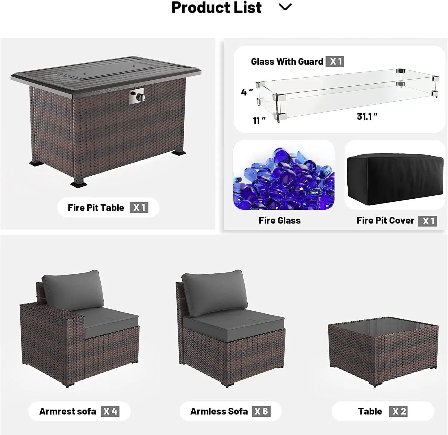 屋外パティオ家具セット,籐製断面ソファ,ガスプロパン,ファイヤーピットテーブル,グレー,13個,43インチ,55000btu