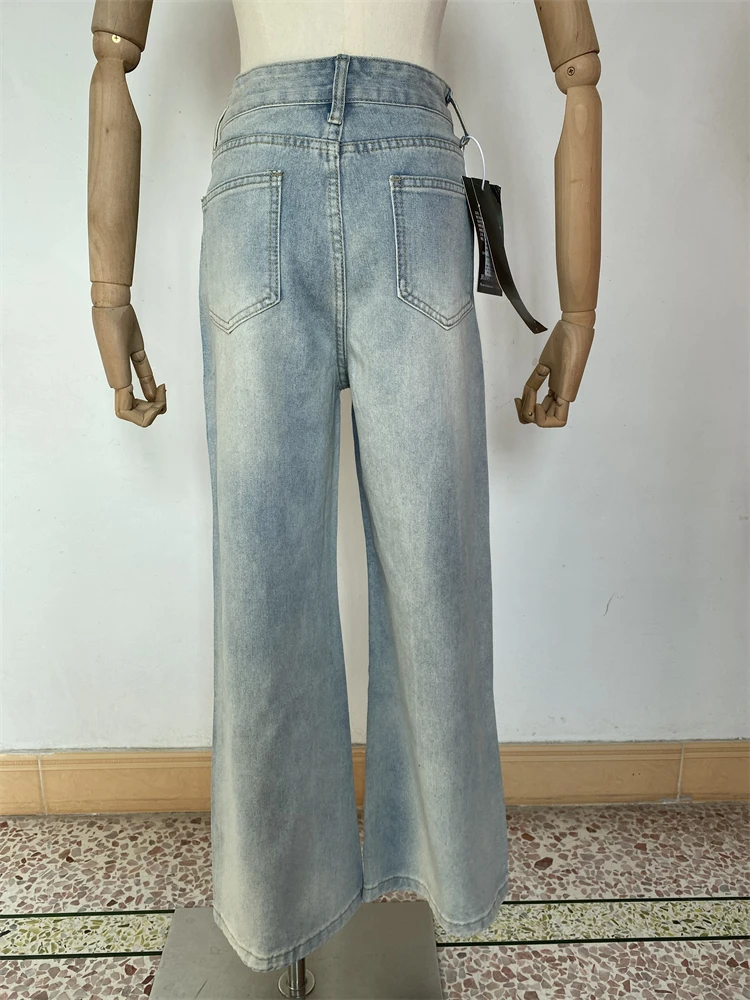 Jean bleu perforé creux imprimé pour femmes, pantalon ample personnalisé, bas décontracté Cool pour filles, pantalon en Denim de rue