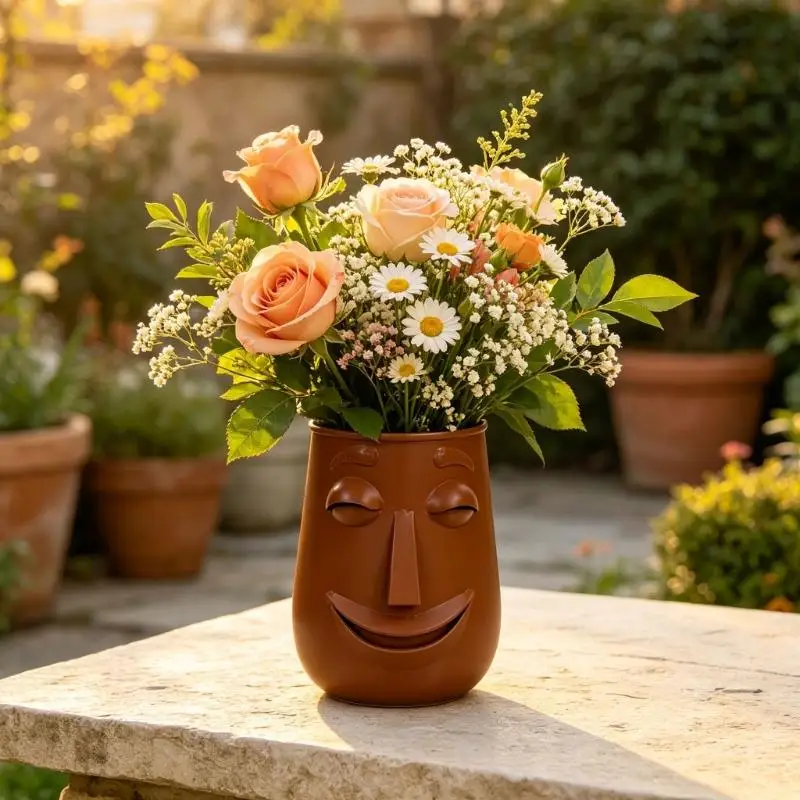 QX2E Expressive Iron Face Pot for Flowers, Small Foliage and Shelf Display