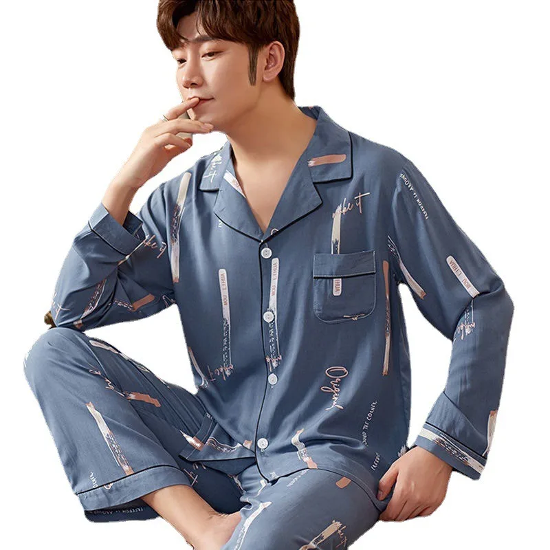 Men\'s Spring and Fall Long-Sleeved Long Pants Pajamas Cardigan Big Size Korean Nightwear Loungewear Leisure Sleepwear Homewear