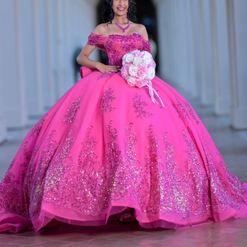 

Rose Red Shiny Quinceanera Dresses Off The Shoulder Sequin Applique Lace Beading Bow Tull Party Birthday Sweet 16 Dress Vestidos