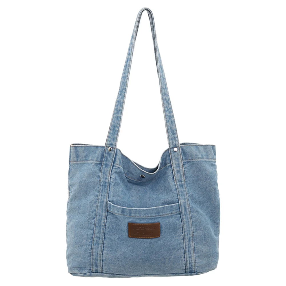 Women Square Grocery Bag Large Capacity Denim Versatile Shopping Bag Solid Color for Travel Work School