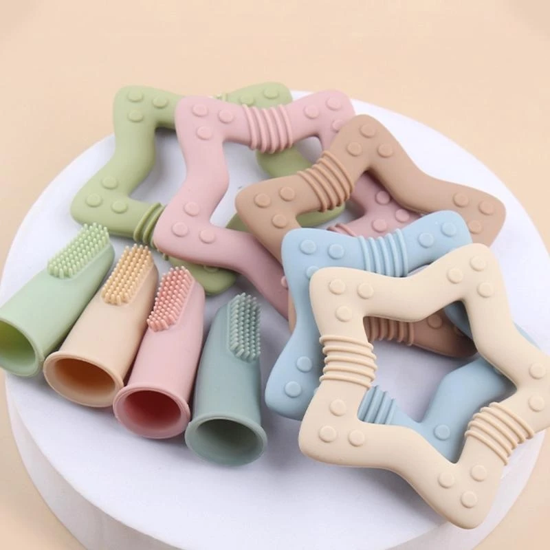

J15U 5Pcs Baby Gift Set Include Silicone Pacifier Clip Chain Teething Toy Soft Finger Toothbrush Shower Gift for Infants