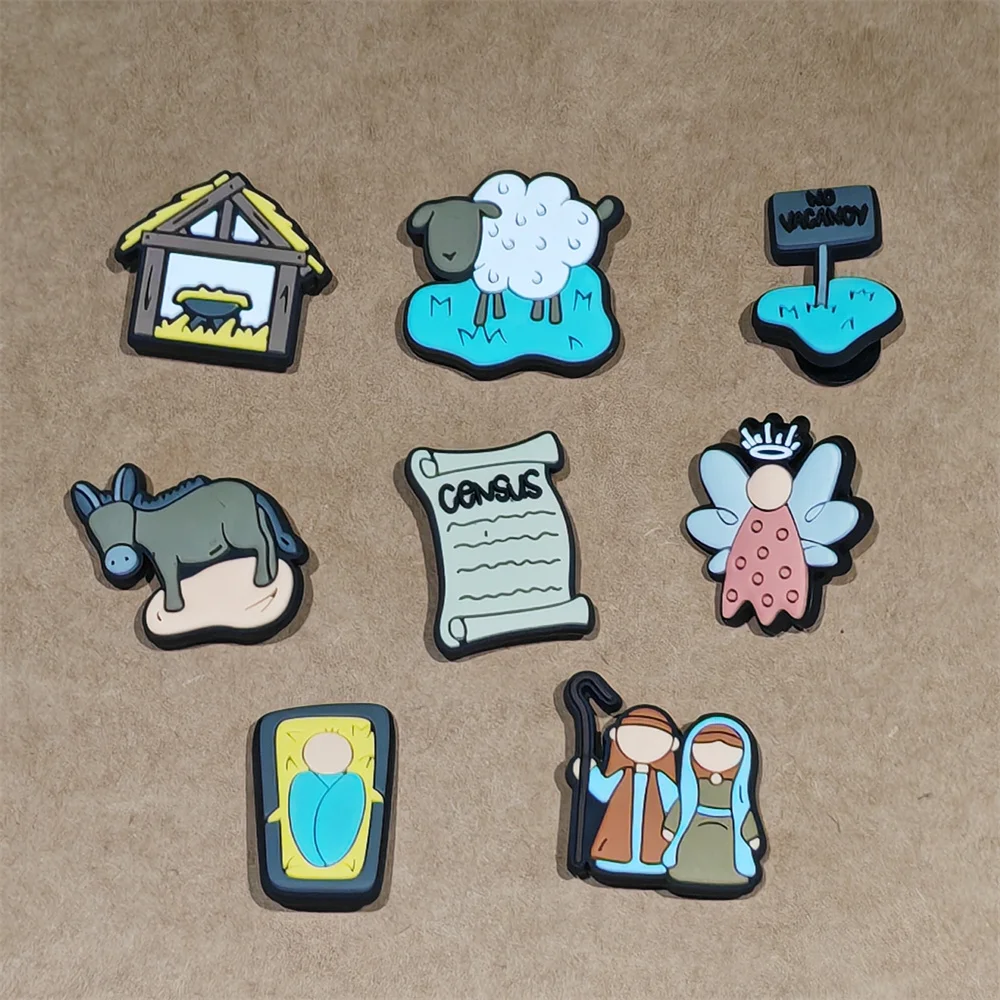 1-8 قطعة الكتاب المقدس مريم العذراء حمار الماعز الروح القدس يسوع الأحذية البلاستيكية السحر مشبك اكسسوارات الصنادل الأحذية الديكور طفل هدية عيد الميلاد