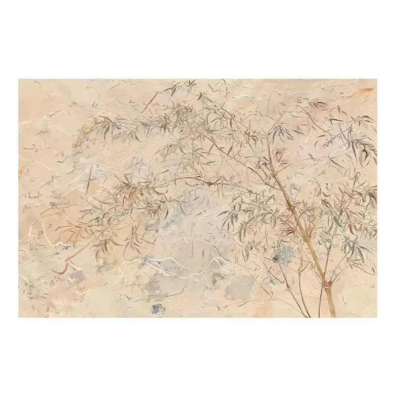 

French medieval bamboo hand-painted oil painting, frameless log style abstract bamboo leaf decorative painting, living room