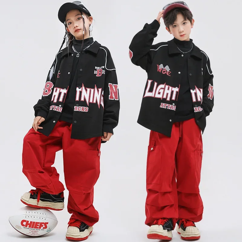 Kids Street Dance Costume Hip Hop Clothes Black Long Sleeve Tops Fashion Red Baggy Pants Teenagers Modern Dance Performance Wear