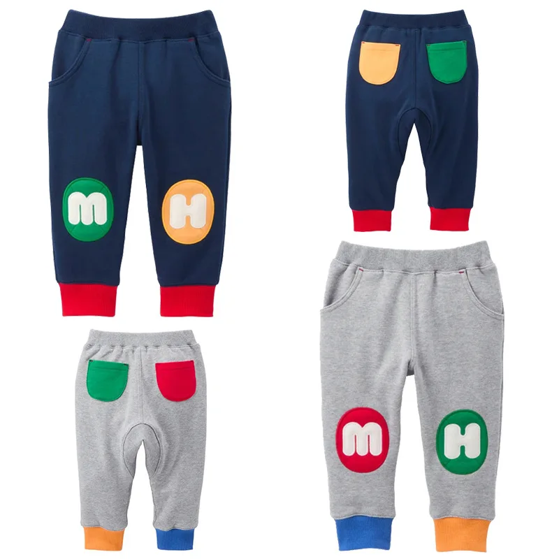 Japanese Korean Children's Letter Pant Patches Color Blocking Autumn Boys Girls Joggers Baby Sweatpants 100% Cotton High Quality