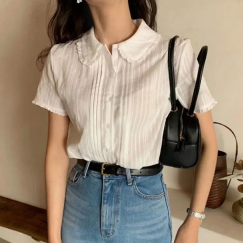 Shirts Women Kawaii Peter Pan Collar Preppy Style Chic Folds Design Summer Leisure Schoolgirls Pure Simple Loose All-match Daily