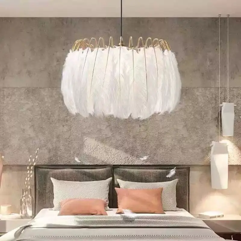 

Romantic White Feather Chandelier Bedroom Children's Room Light Modern Simple LED Creative Bird Nest Chandelier