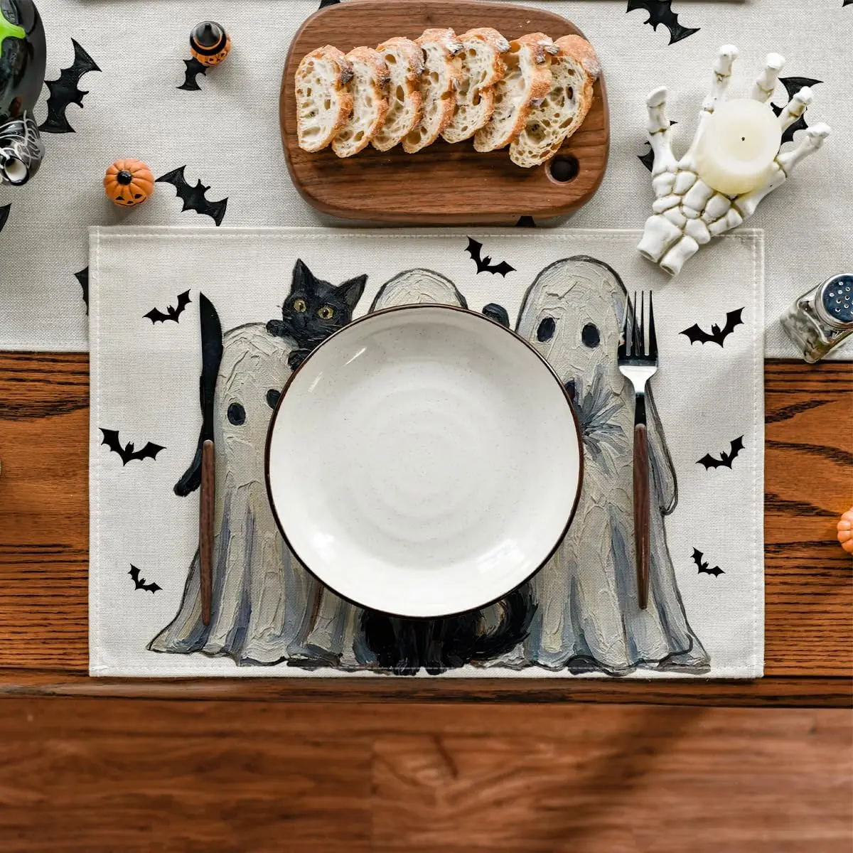 Ghost Black Cat Halloween Placemats Set of 4-12 x 18 Inch for Party Kitchen Dining Decoration