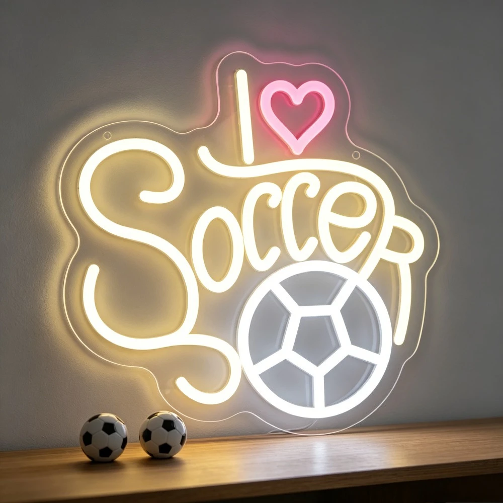 

I Love Soccer Neon Sign LED USB Dimmable Football Wall Art Decor for Boys Bedroom Sports Bar Team Fan Gifts Game Day Decor