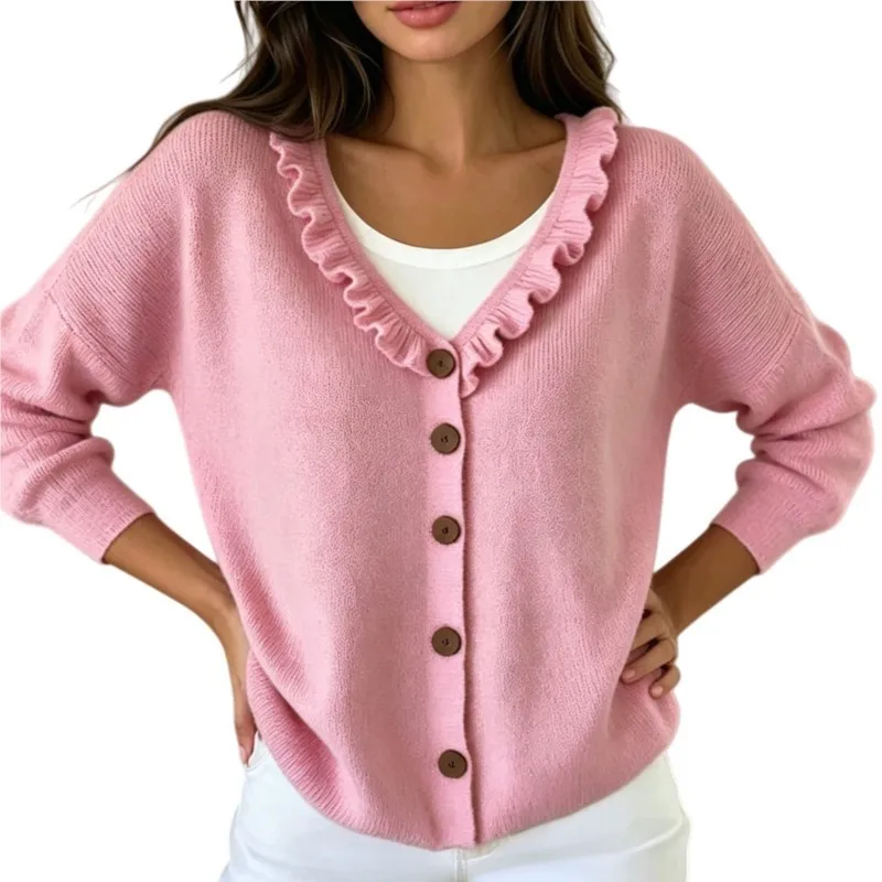 Elegant V-neck Pleated Loose Knit Sweater Woman's Autumn Fashion Solid Single Breasted Cardigan Versatile Clothing For Ladies