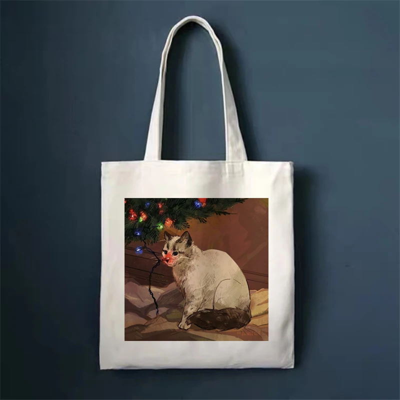 Cute Cat Shopping Bag Shopper Bags Tote Canvas Bag Harajuku Reusable Large Capacity Kawaii Women Casual Shoulder Bag Handbag