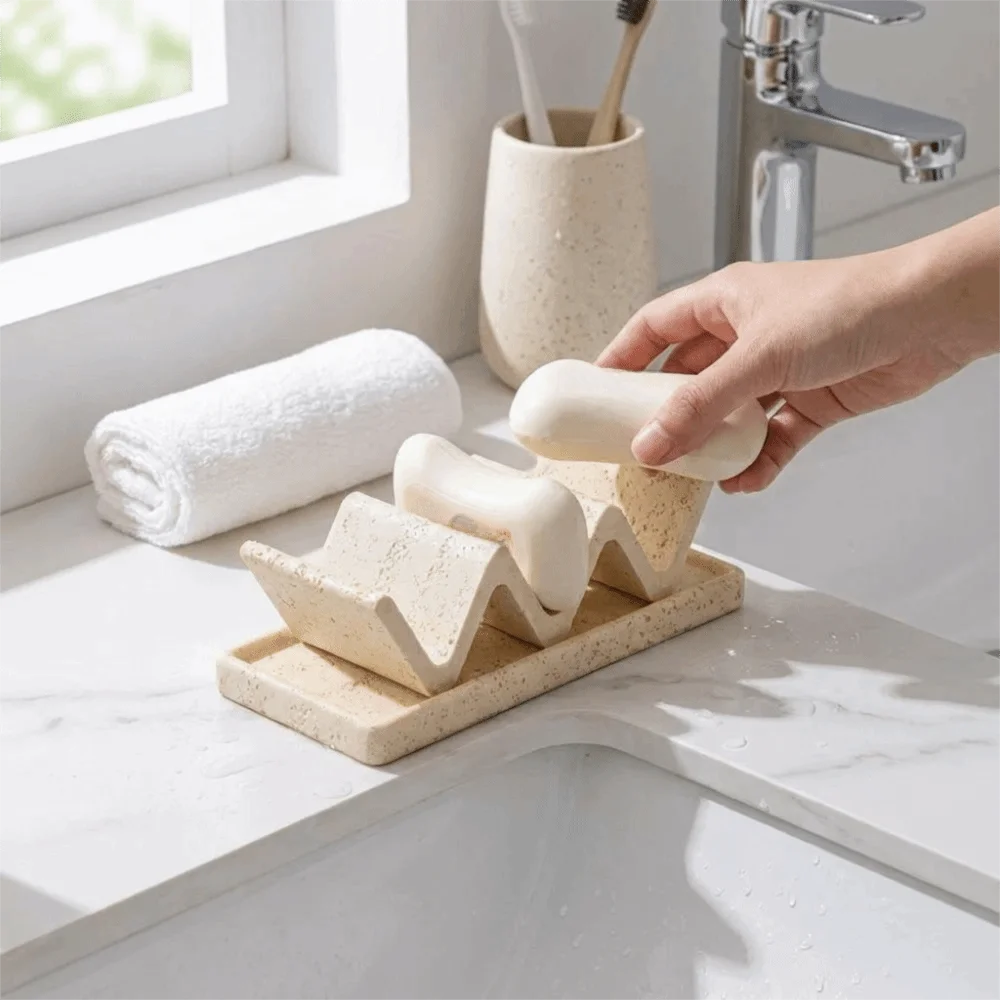 Japanese Style Soap Dish Wave Shaped with Drainage Soap Storage Box Minimalist Sandstone Soap Holder Hotel Bathroom