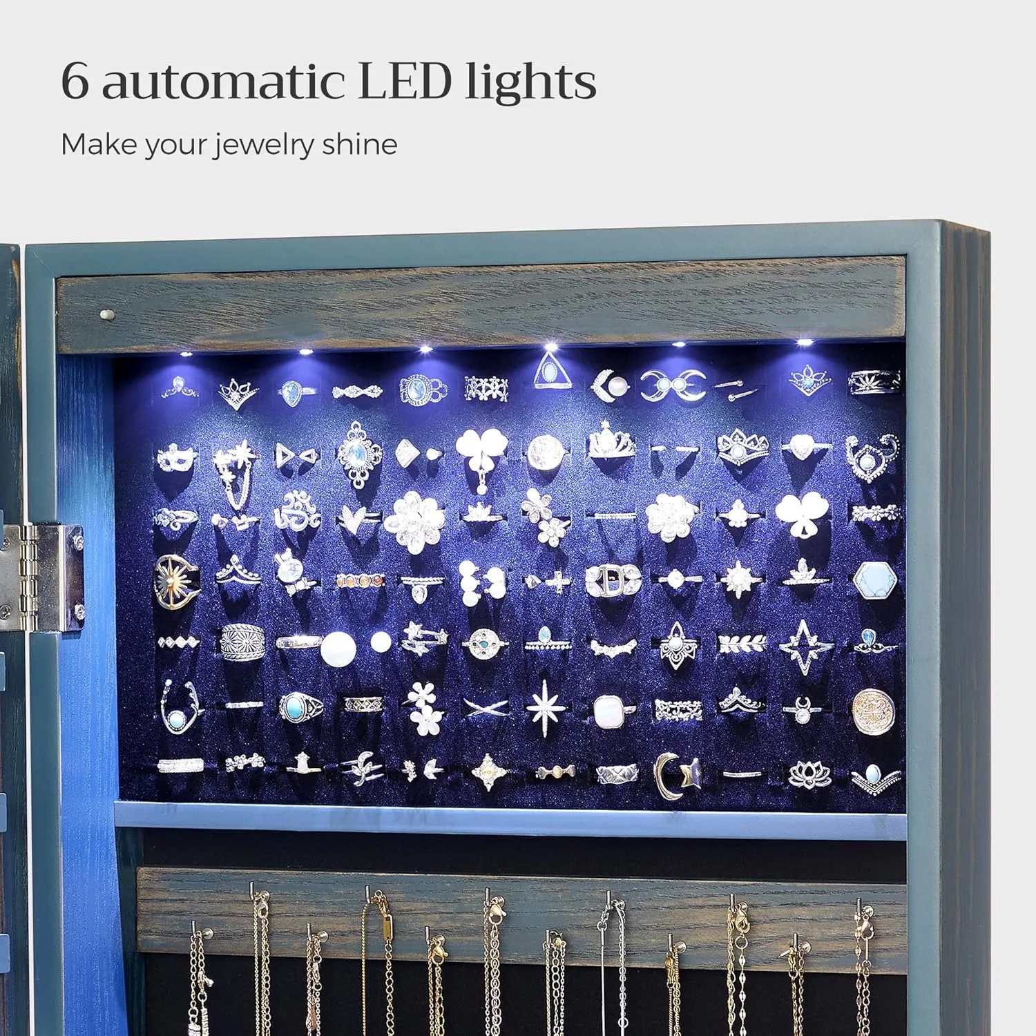 Szafka na biżuterię z lustrem i 6 diodami LED, wysokość 47,2 cala, 2 szuflady, 3,9 x 14,6 x 47,2 cala, rustykalny niebieski