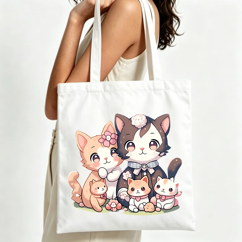 Women's cute cat family graphic canvas tote bag, perfect for daily shopping and casual outings