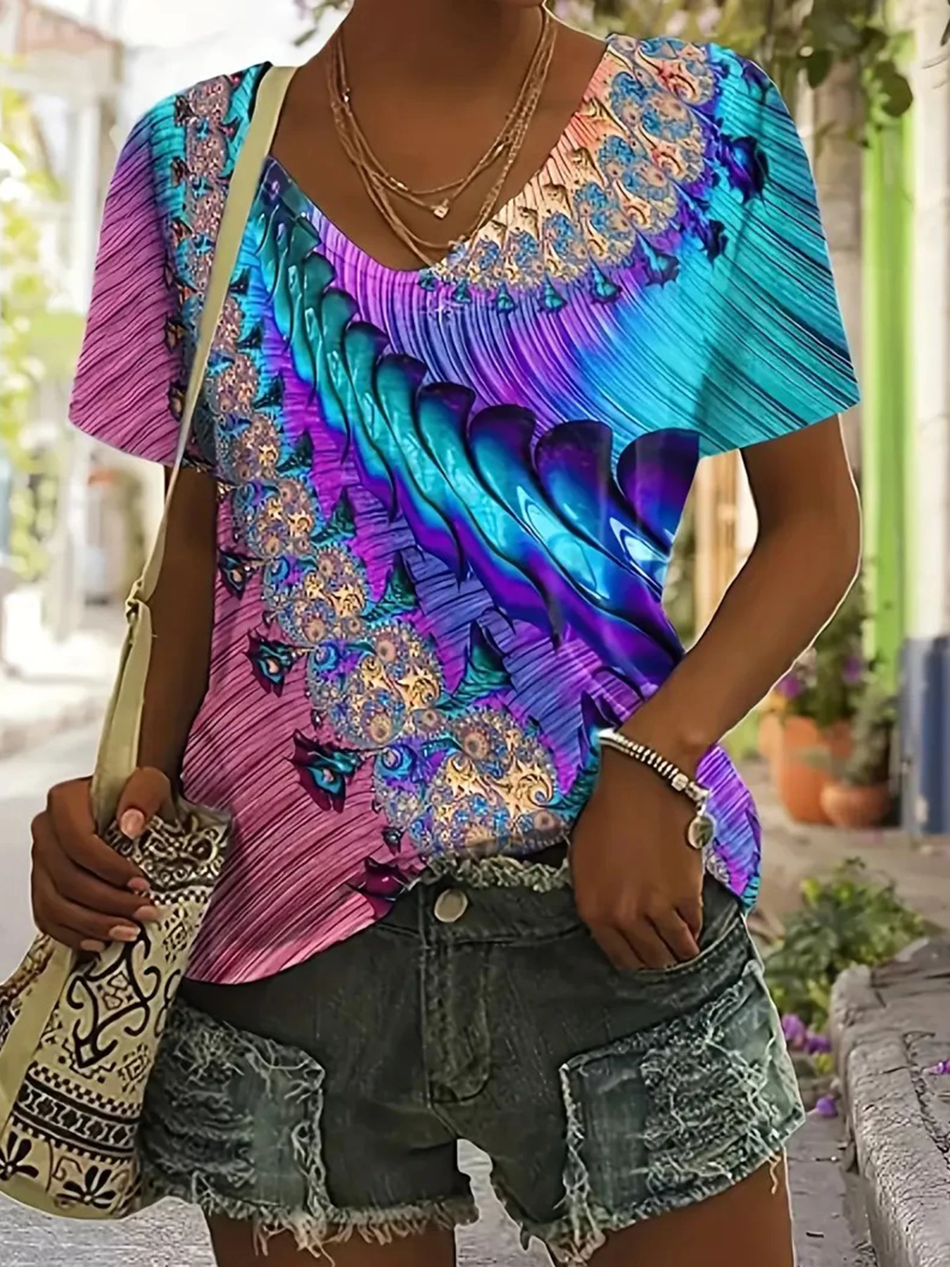 Damska koszulka z dekoltem w serek, kolorowy abstrakcyjny nadruk, luźne T-shirty, codzienna bluzka z krótkim rękawem na lato 2025, modna odzież damska.