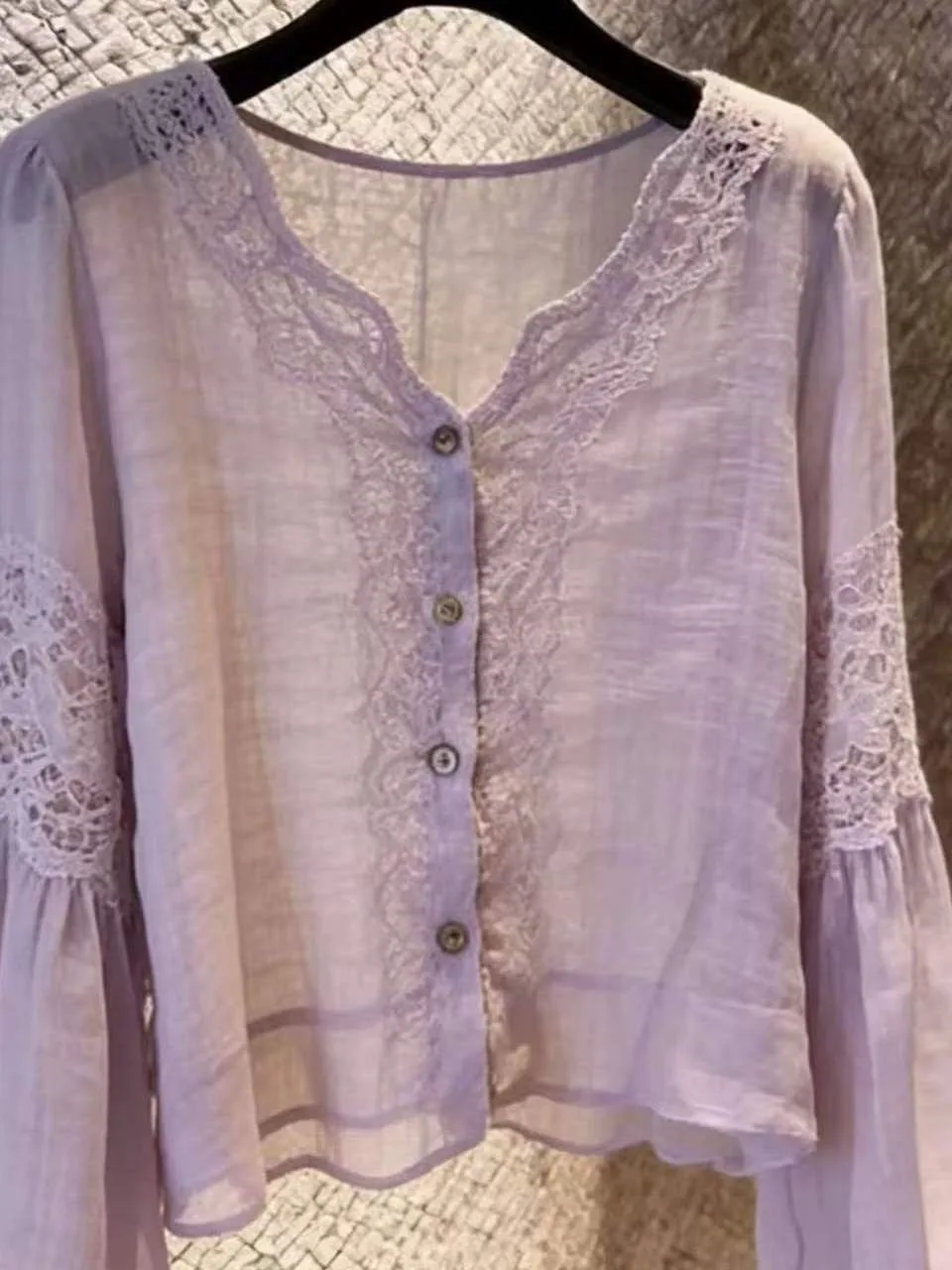 Summer 2026 Women's Purple Long Sleeve Shirt Design Lantern Sleeve Sun Protection Thin Top Commute Style Lace Splice Polyeste...