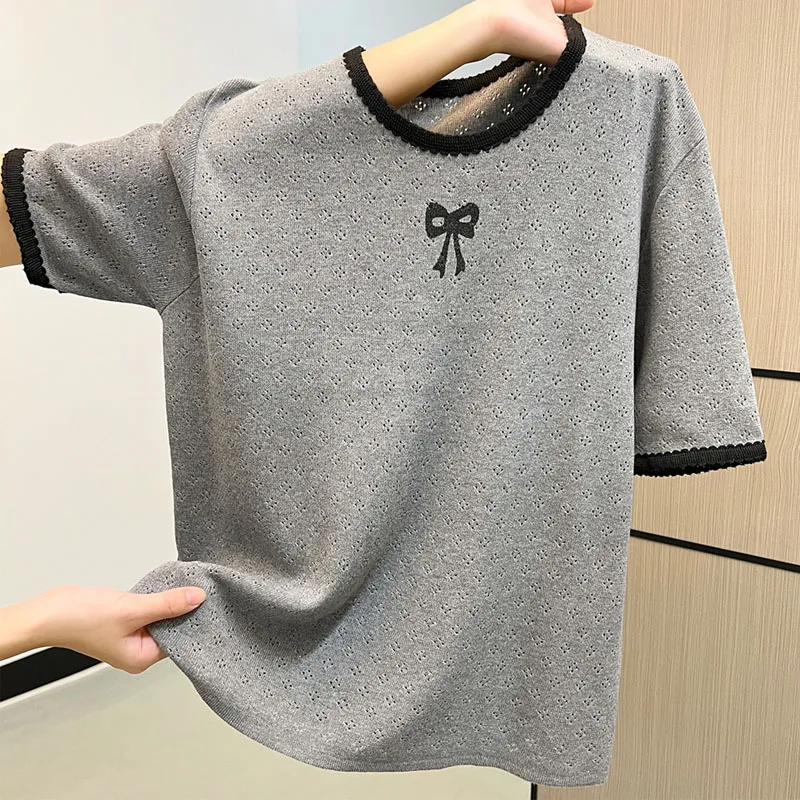 

Short Sleeve Hollow Out Knitted Sweater Women Pullovers New Summer O-Neck Knit Sweater Pullover Women Tops Women Clothing Q3788