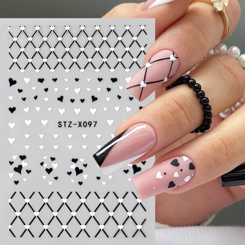 2/3개 블랙 화이트 러브 하트 네일 스티커 데칼 그리드 라인 프렌치 팁 발렌타인 네일 아트 데칼 슬라이더 포일 매니큐어 장식
