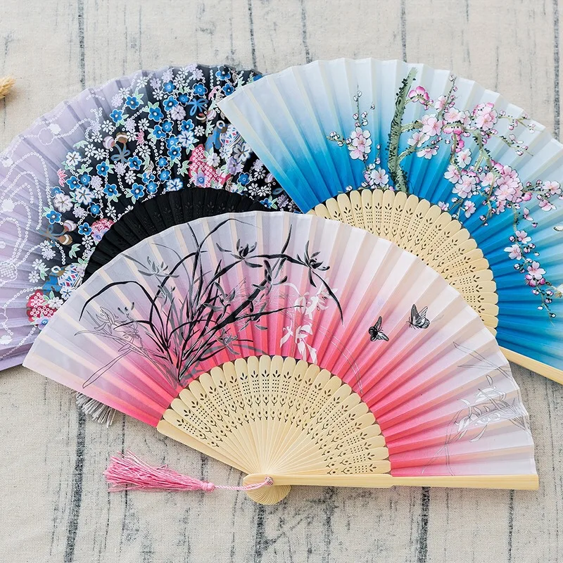 Vintage Style Silk Folding Fan Chinese Japanese Pattern Art Craft Gift Home Decoration Ornaments Dance Hand Fan