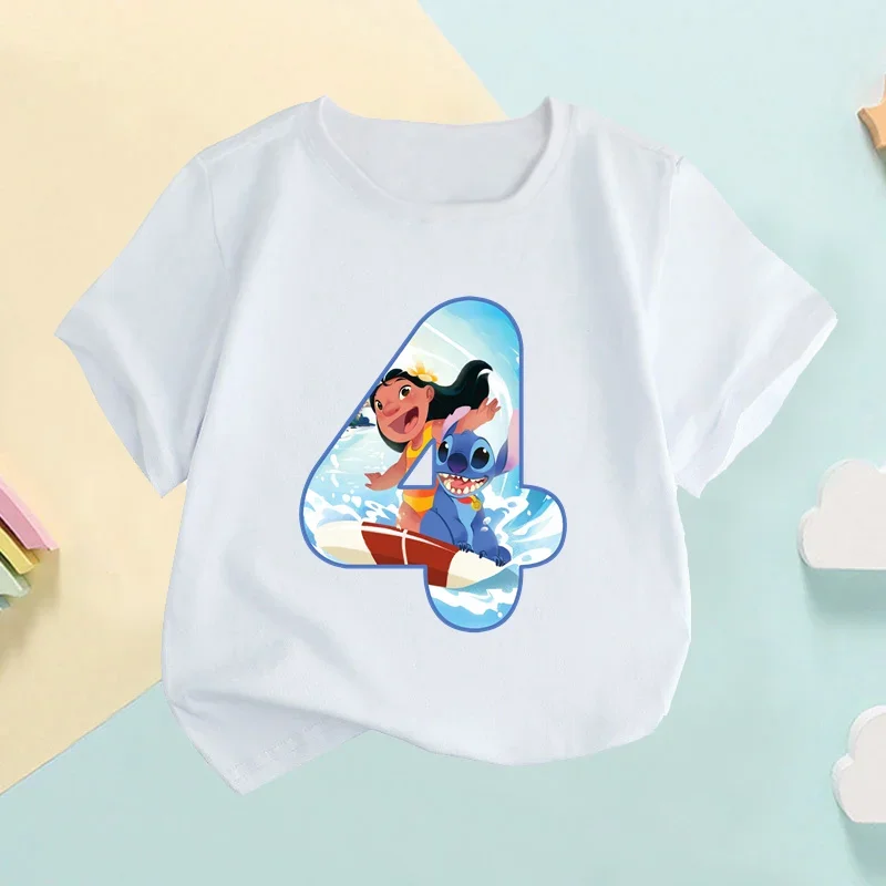 Lilo & Stitch Number Bow Print Cartoon Kids T shirt Girls Clothes 1 2 3 4 5 6 7 8 9 Years Birthday Baby Boys T-Shirts,HKP2676