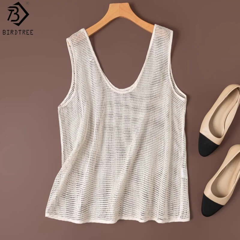 

Birdtree, 100% Real Silk Solid Tank Top, Sling Hollow Breathable Vest, Women U-neck Sleeveless Tops, 2026 Spring New T63236JF