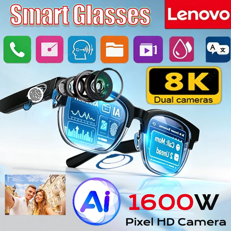 Lunettes intelligentes Lenovo AI 8K 1600MP sans fil, lunettes de soleil Bluetooth, télécommande, enregistrement photo tactile, assistant vocal, traducteur
