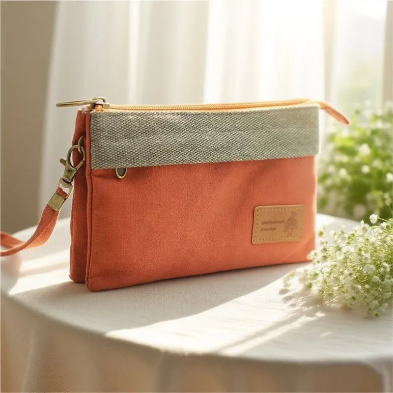 

New version of solid color cotton fabric one pull multi-layer handbag for women, handbag for cosmetics, canvas storage bag